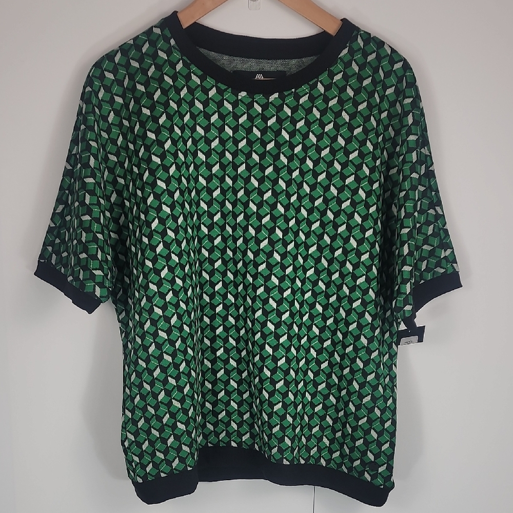 Andrew Marc Geometric Green Short Sleeve Top - Picture 2 of 6